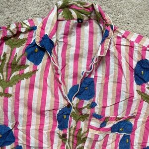 Striped Pink & White Pajama Set with Blue Floral Embroidery